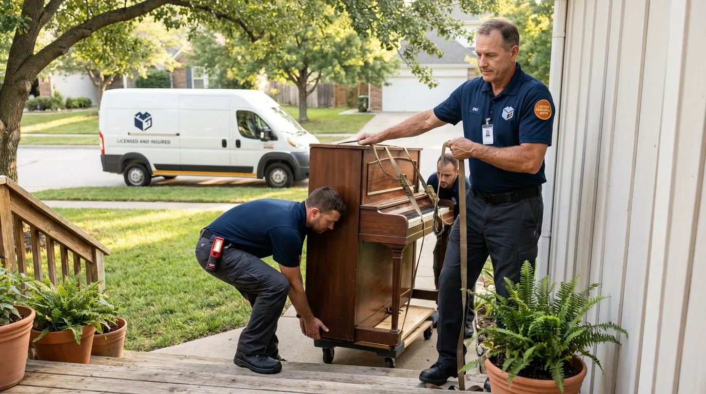 Licensed piano movers securing grand piano in Beaufort, SC