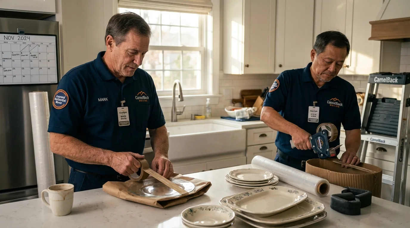 Professional crew packing kitchen dishware in Beaufort, SC